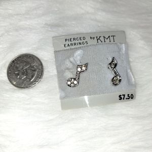 music note pierced earrings rhinestones silver